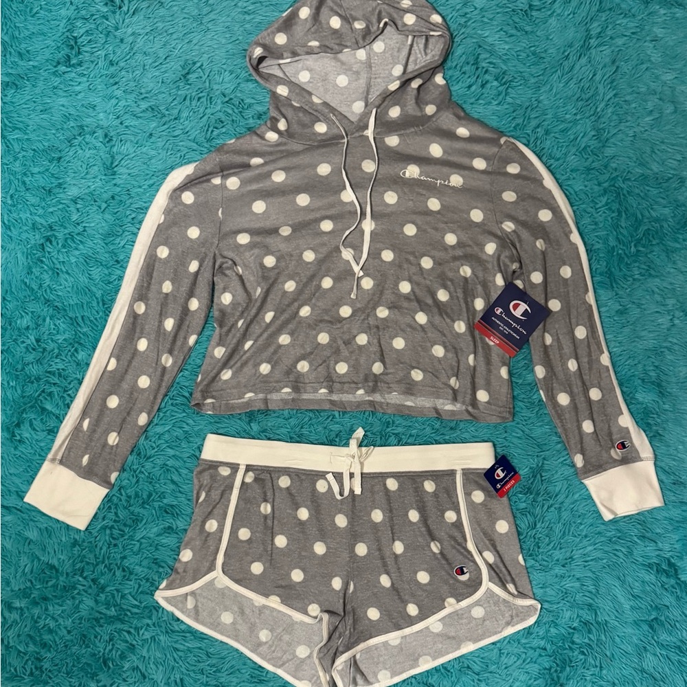 Champion Gray and White Polka Dot Hoodie and Short Pajamas